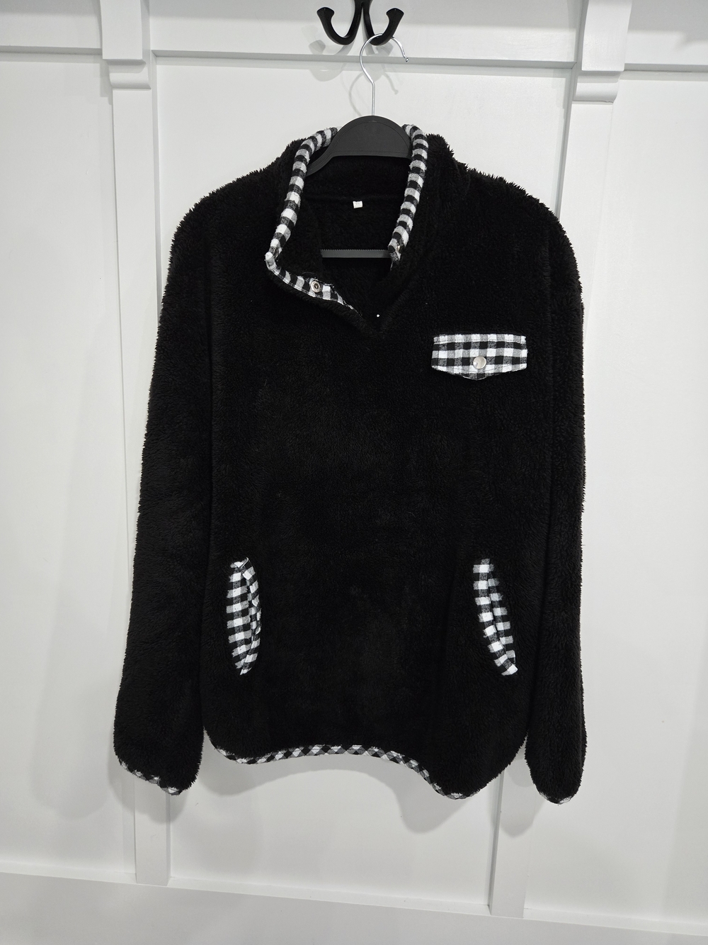 Women's Black Pullover Sherpa Sweater with Plaid Trim